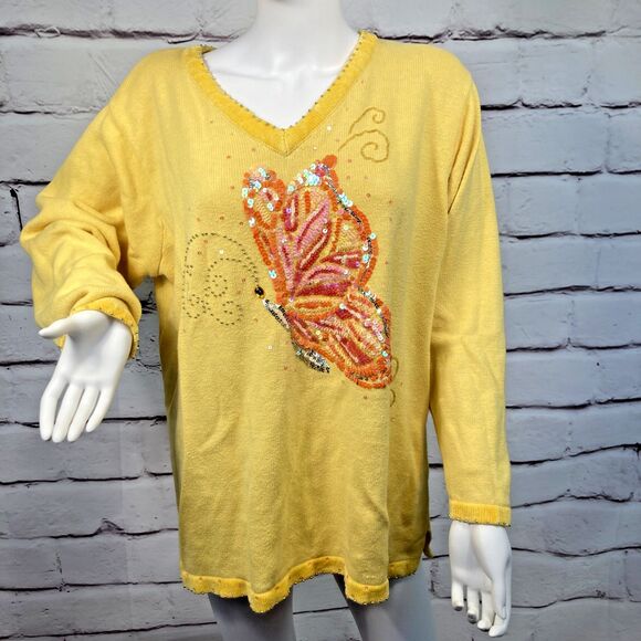 Quacker Factory Women’s MEDIUM Yellow Sequin Butterfly Sweater Whimsical SZ 1X - Picture 2 of 14